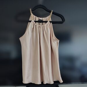 Nicole Miller New York Elegant Beige Sleeveless Top with Chain. Blouse